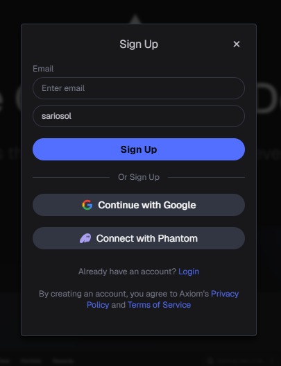 Axiom trade signup modal