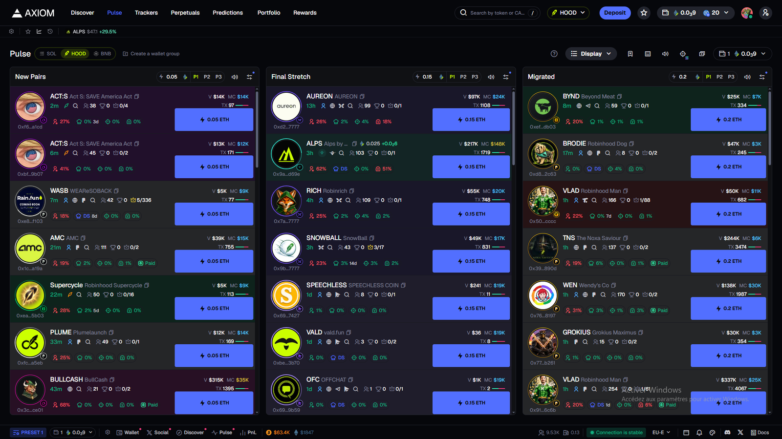 Axiom Pulse Screener for Robinhood memecoins
